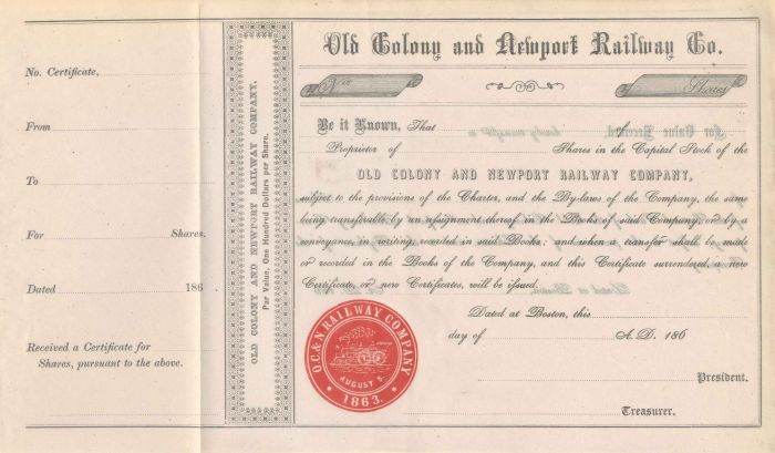 Old Colony and Newport Railway Co. - Railroad Stock Certificate