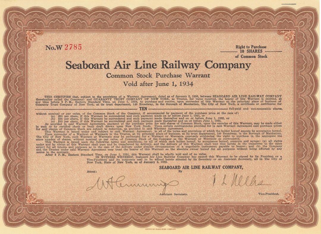 Seaboard Air Line Railway Co. - Railroad Stock Certificate