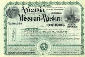 Virginia, Missouri and Western Railroad Co. - Gorgeous! - Stock Certificate