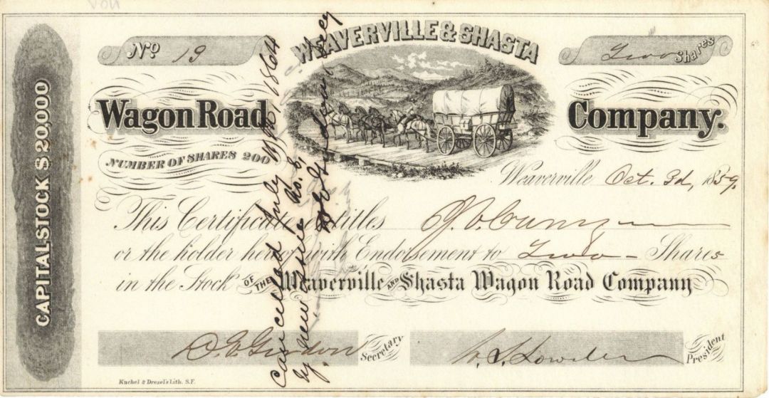 Weaverville and Shasta Wagon Road Co. - Stock Certificate