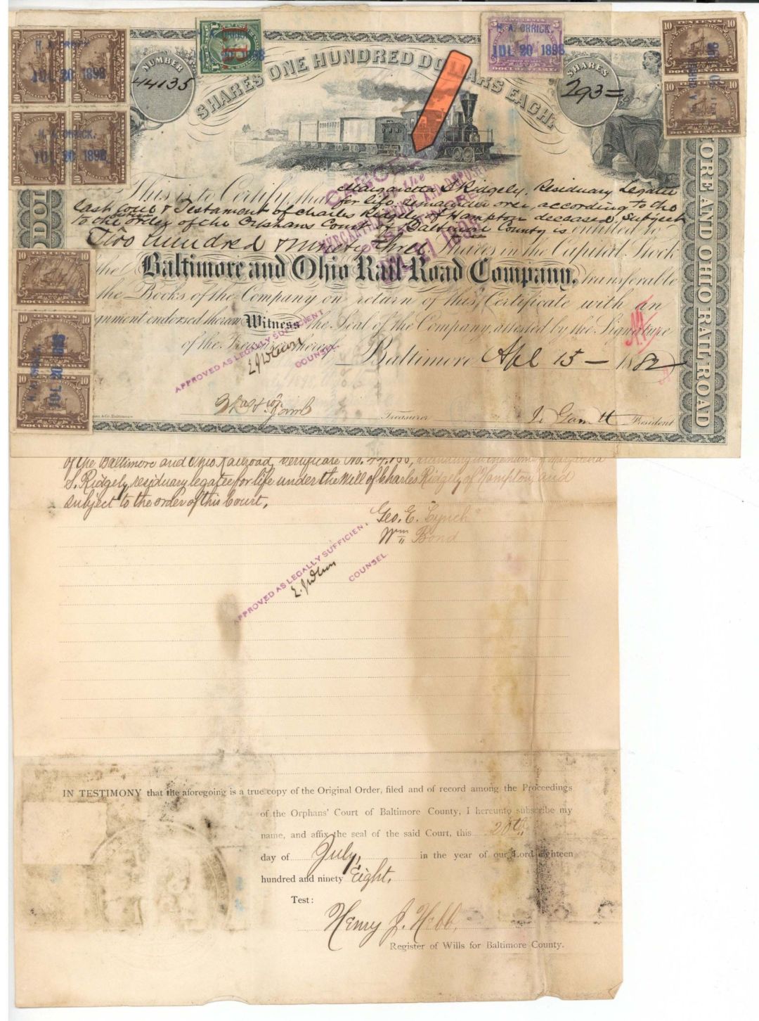 Baltimore and Ohio Rail-Road Co. - 1882 dated Railway Stock Certificate with Revenue Stamps