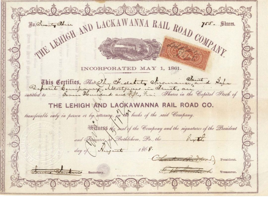 Lehigh and Lackawanna Rail Road Co. - 1868 dated Stock Certificate with Revenue Stamp