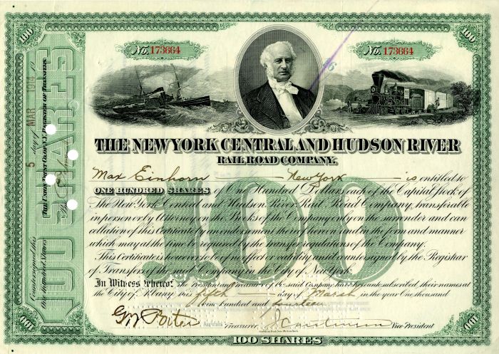 New York Central and Hudson River Railroad Co. - Stock Certificate