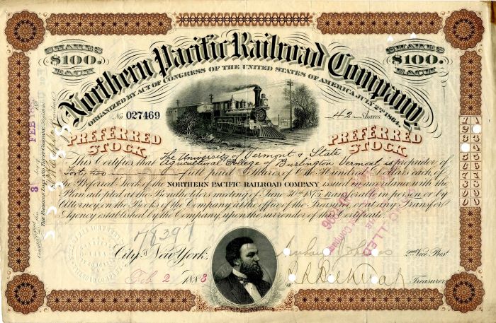 Northern Pacific Railroad Co. - Stock Certificate