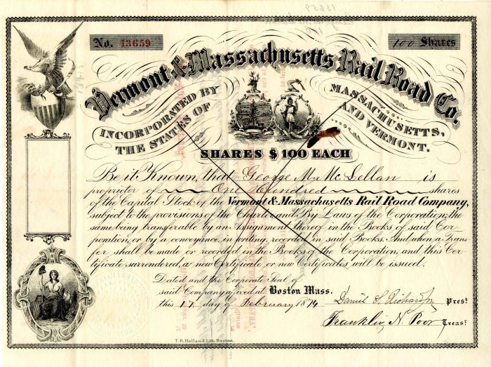 Vermont and Massachusetts Rail Road Co. - Railway Stock Certificate