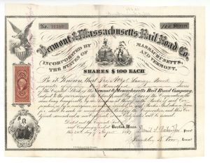 Vermont and Massachusetts Rail Road Co. - 1867-1875 dated Stock Certificate with Revenue Stamp