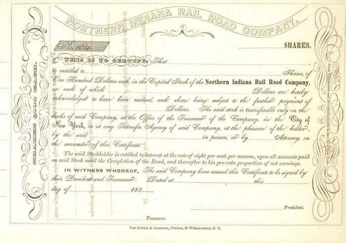 Northern Indiana Rail Road Co. - Stock Certificate