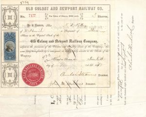 Old Colony and Newport Railway Co. - 1872 and 1878 dated Railroad Stock Certificate and Probate Document