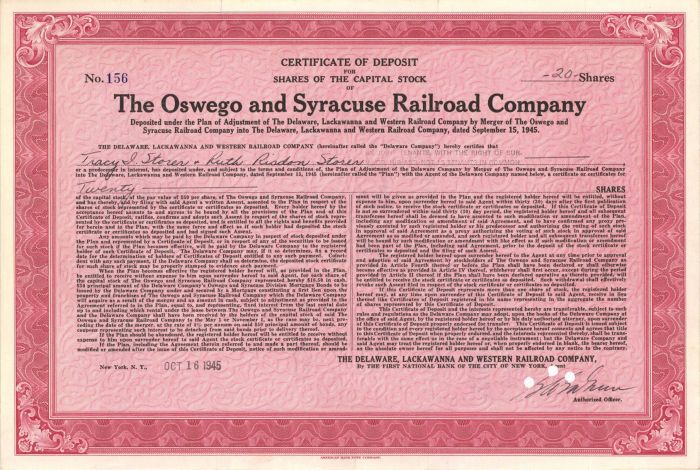 Oswego and Syracuse Railroad Co. - Railway Stock Certificate