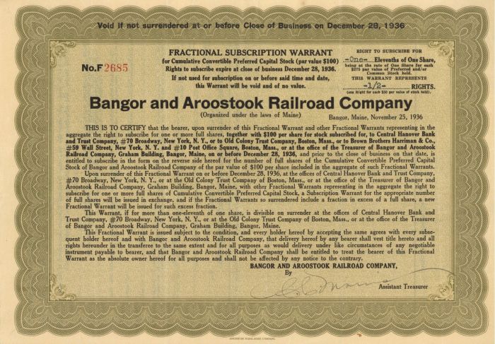 Bangor and Aroostook Railroad Co. - 1936 dated Railway Stock Certificate