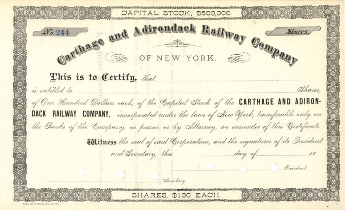 Carthage and Adirondack Railway Co. - Stock Certificate