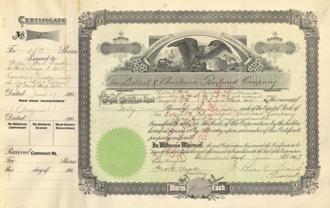 Detroit and Charlevoix Railroad Co. - David Ward - 1902-12 dated Railway Stock Certificate - Very Important