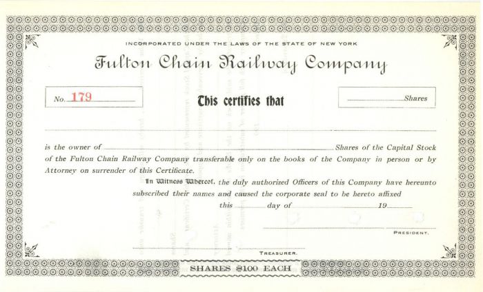 Fulton Chain Railway Co. - Stock Certificate