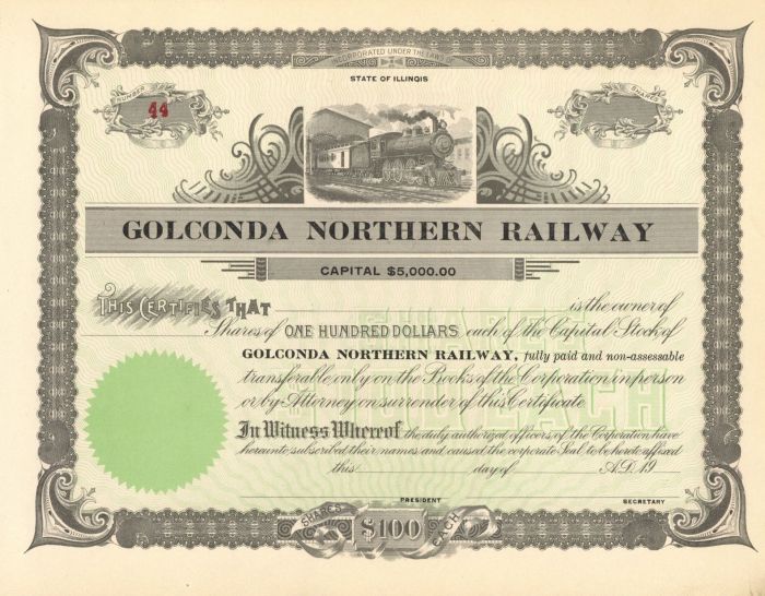 Golconda Northern Railway - Unissued New York Railroad Stock Certificate