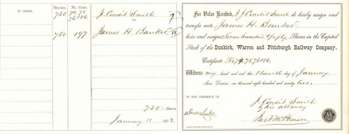 Dunkirk, Warren and Pittsburgh Railway Co. - Railroad Stock Receipt