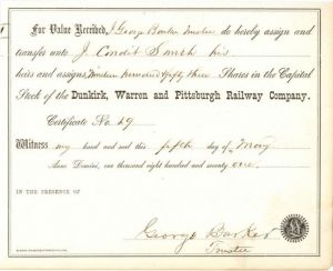 Dunkirk, Warren and Pittsburgh Railway Co. - Railroad Stock Receipt