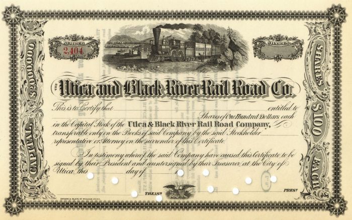 Utica and Black River Rail Road Co. - Unissued Railway Stock Certificate
