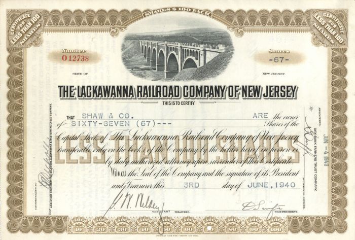 Lackawanna Railroad Co. of New Jersey - Stock Certificate