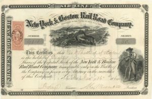 New York and Boston Rail Road Co. - 1864 dated Stock Certificate with Revenue Stamp