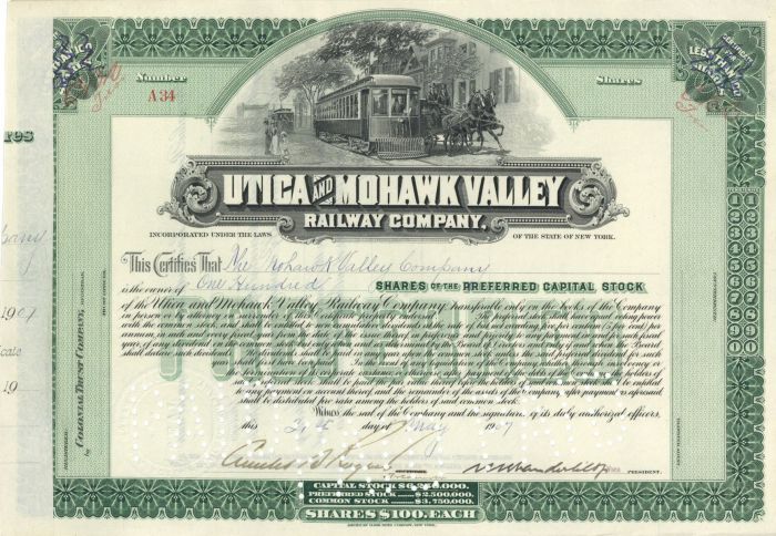 Utica and Mohawk Valley Railway Co. - Stock Certificate