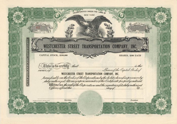 Westchester Street Transportation Co., Inc.- Stock Certificate