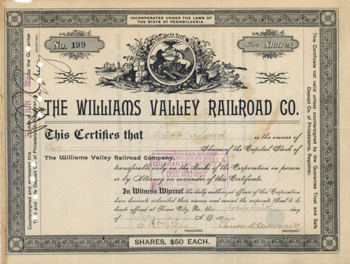 Williams Valley Railroad Co. - Stock Certificate