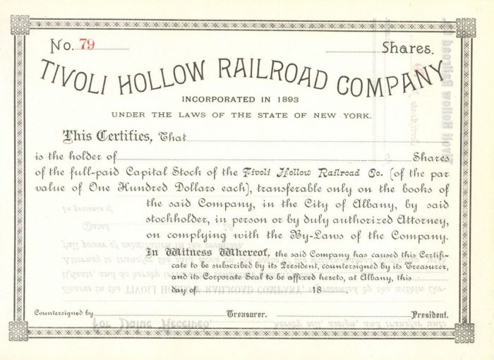 Tivoli Hollow Railroad Co. - Stock Certificate