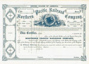 Northern Pacific Railroad Company - 1860's dated Rare Unissued Railway Stock Certificate