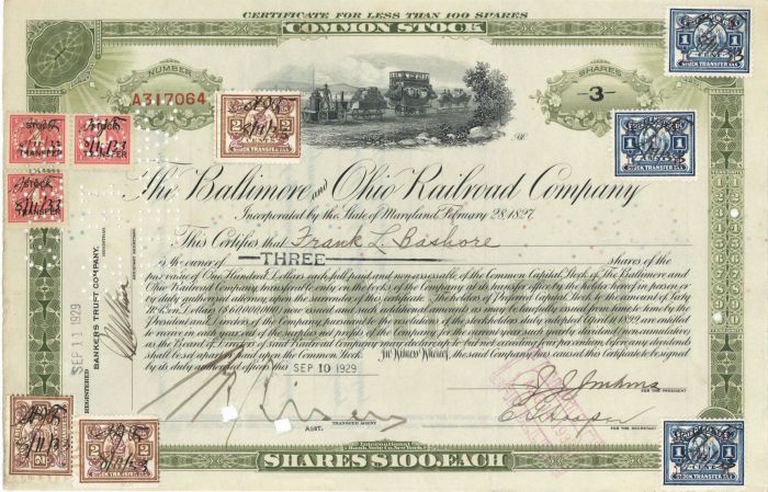 Baltimore and Ohio Railroad Co. - 1929 dated Railway Stock Certificate