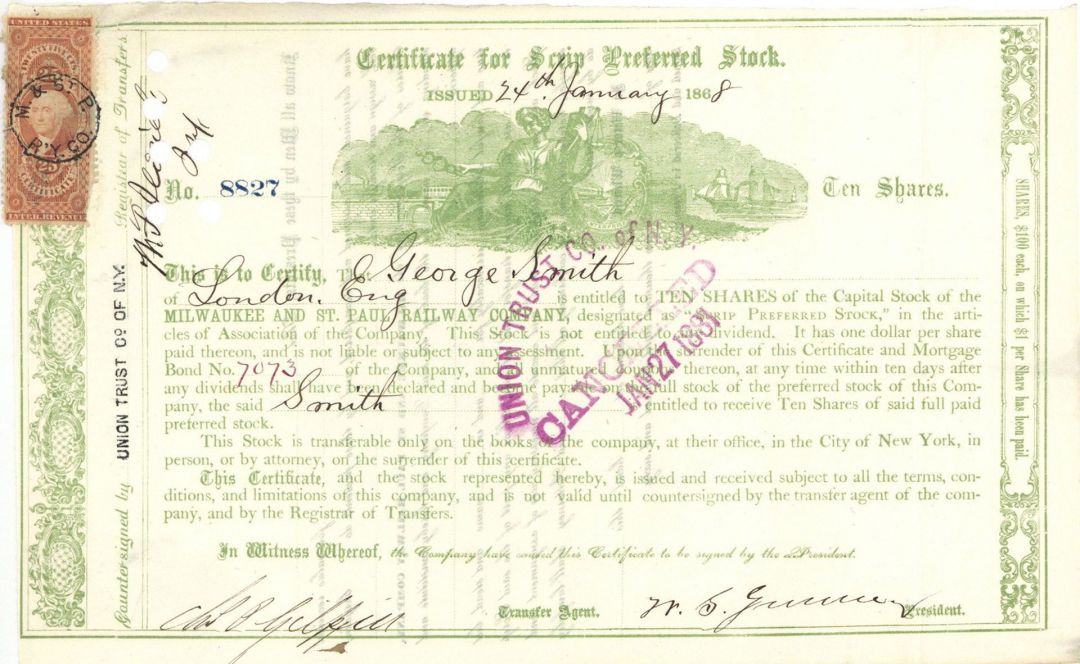 Milwaukee and St. Paul Railway Co. - 1868 dated Railroad Stock Certificate