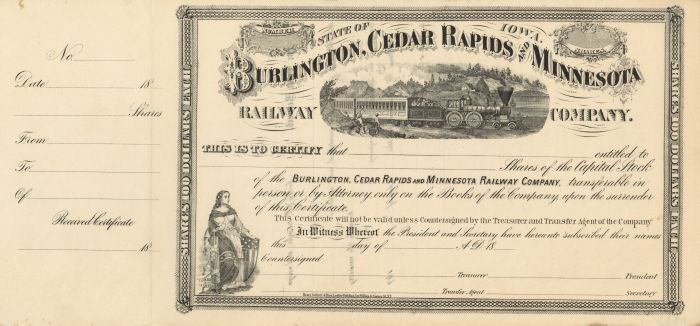 Burlington, Cedar Rapids and Minnesota Railway Co. - Stock Certificate