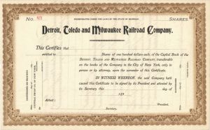 Detroit, Toledo and Milwaukee Railroad Co. - Stock Certificate
