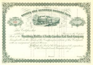 Lynchburg, Halifax and North Carolina Rail Road Co. - circa 1880's Railway Stock Certificate