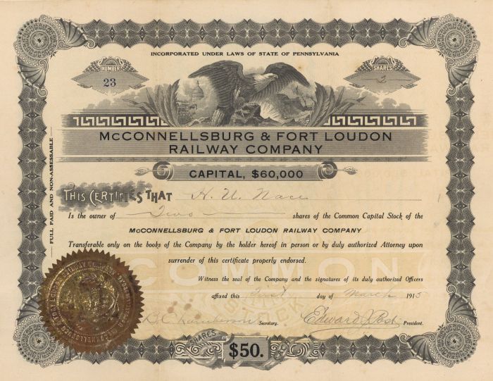 McConnellsburg & Fort Loudon Railway Co. - Railroad Stock Certificate