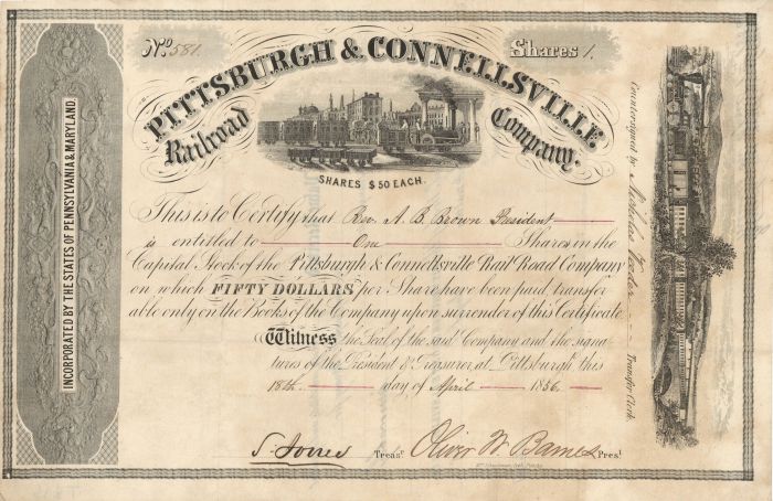 Pittsburgh and Connellsville Railroad Co. - Railway Stock Certificate