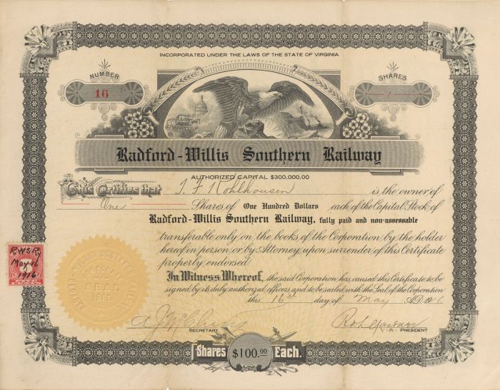 Radford-Willis Southern Railway - Stock Certificate