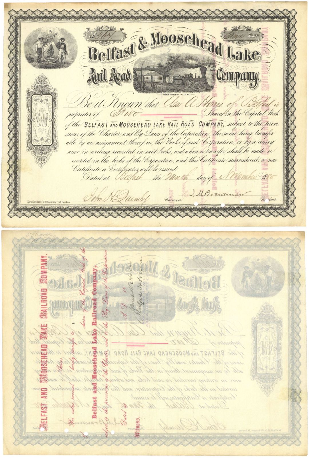 Belfast and Moosehead Lake Rail Road Co. - 1885 dated Railway Stock Certificate