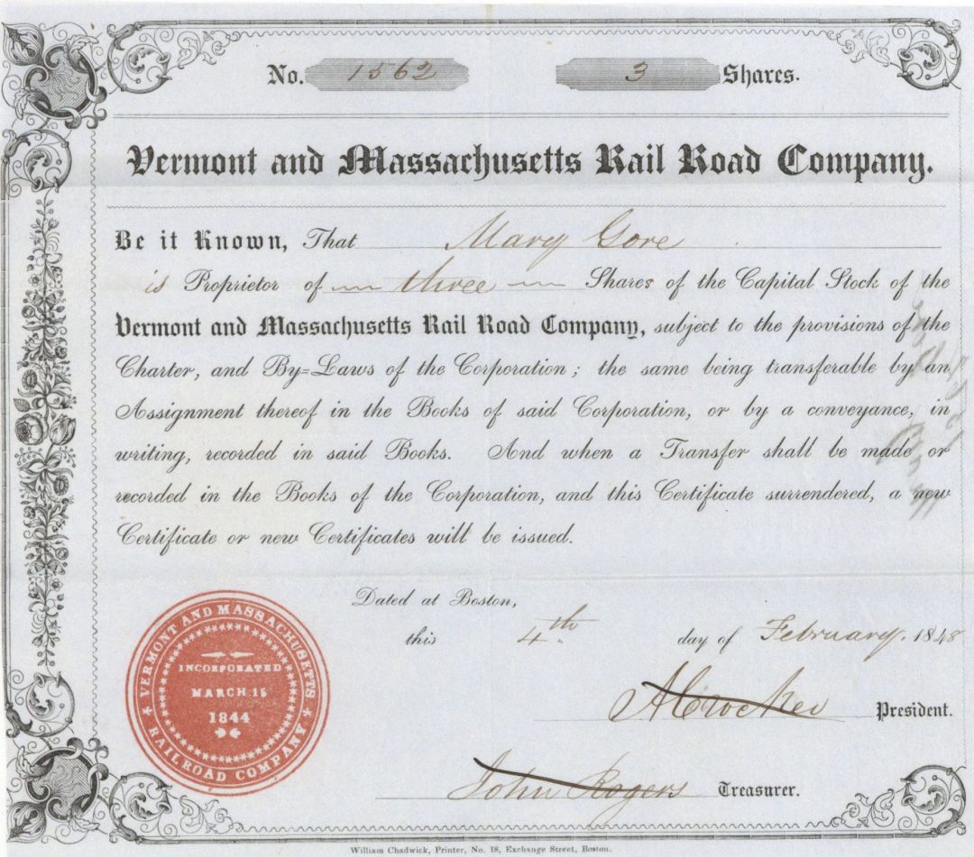 Vermont and Massachusetts Rail Road Co. - Railway Stock Certificate