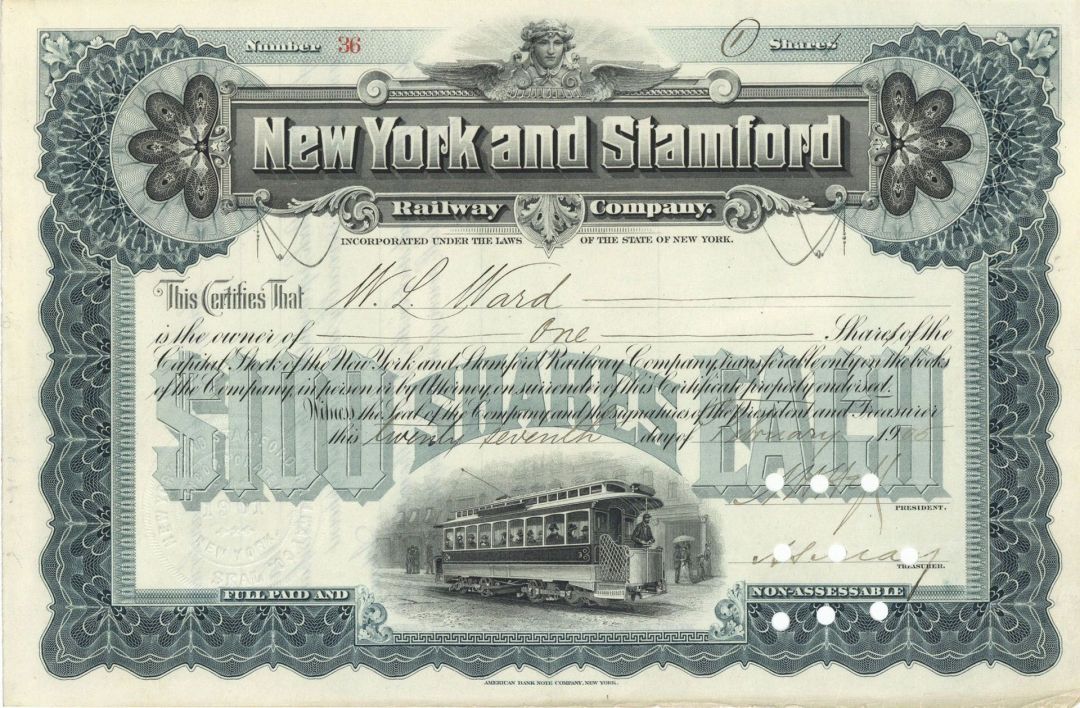 New York and Stamford Railway Co. - Stock Certificate