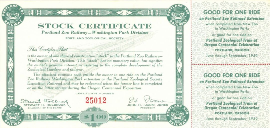 Portland Zoo Railway - Stock Certificate
