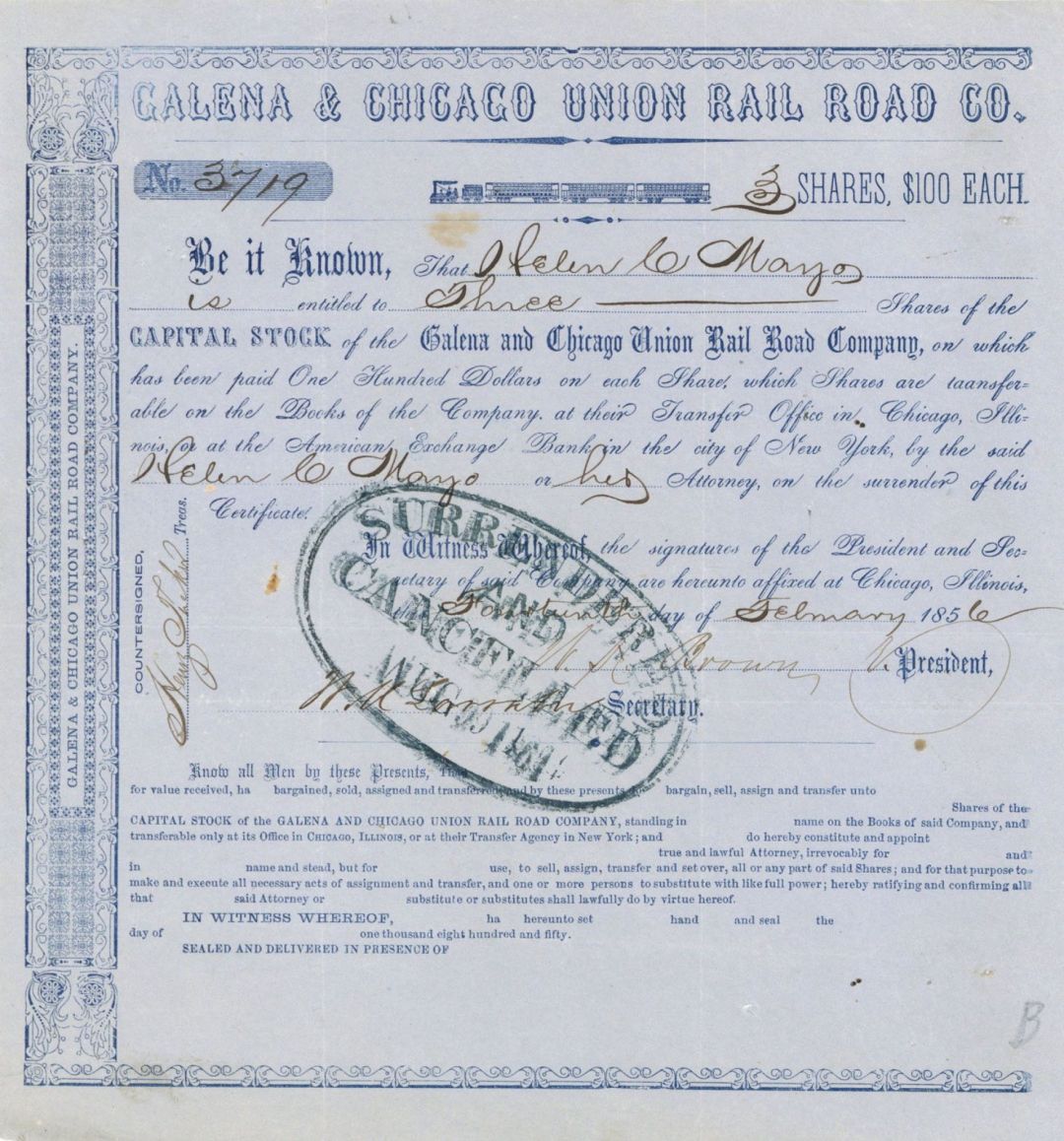 Galena and Chicago Union Rail Road  Co. -  Railway Stock Certificate