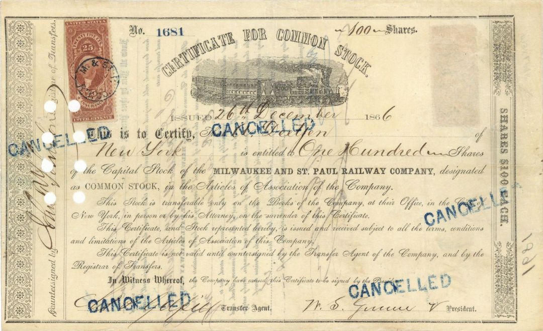 Milwaukee and St. Paul Railway Co. -  Railroad Stock Certificate