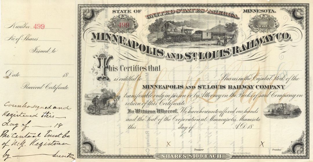 Minneapolis and St. Louis Railway Co. -  Stock Certificate