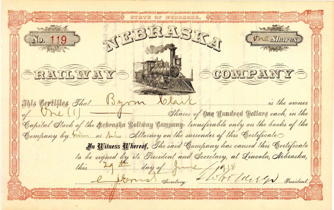 Nebraska Railway Co. -  1914 dated Railway Stock Certificate - Very Rare