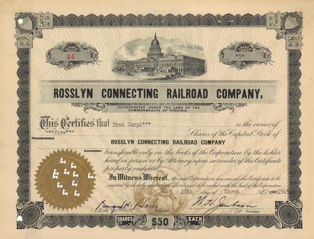 Rosslyn Connecting Railroad Co. -  Stock Certificate