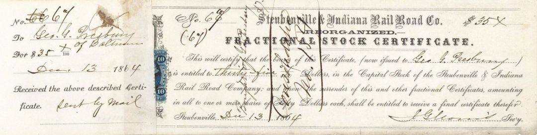 Steubenville and Indiana Rail Road Co. -  Stock Certificate