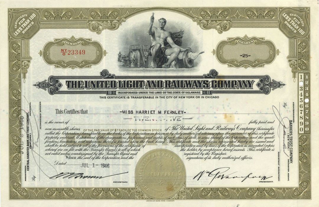 United Light and Railways Co. -  Stock Certificate