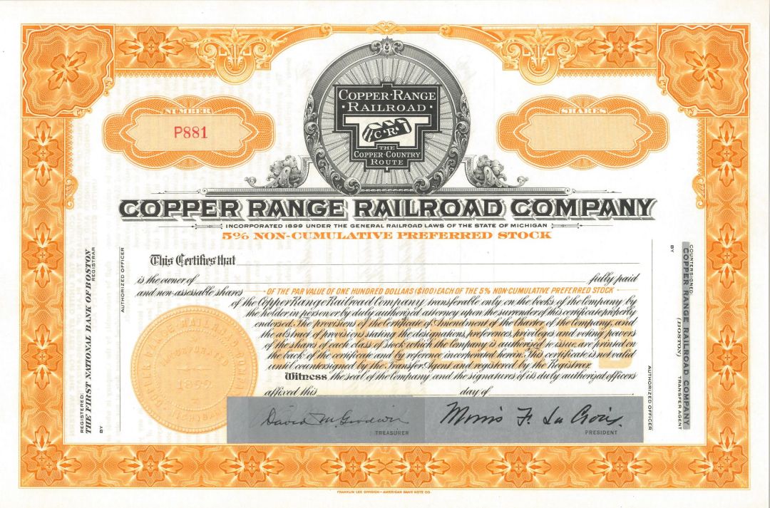 Copper Range Railroad Company - 1930's dated Michigan Railway Stock Certificate