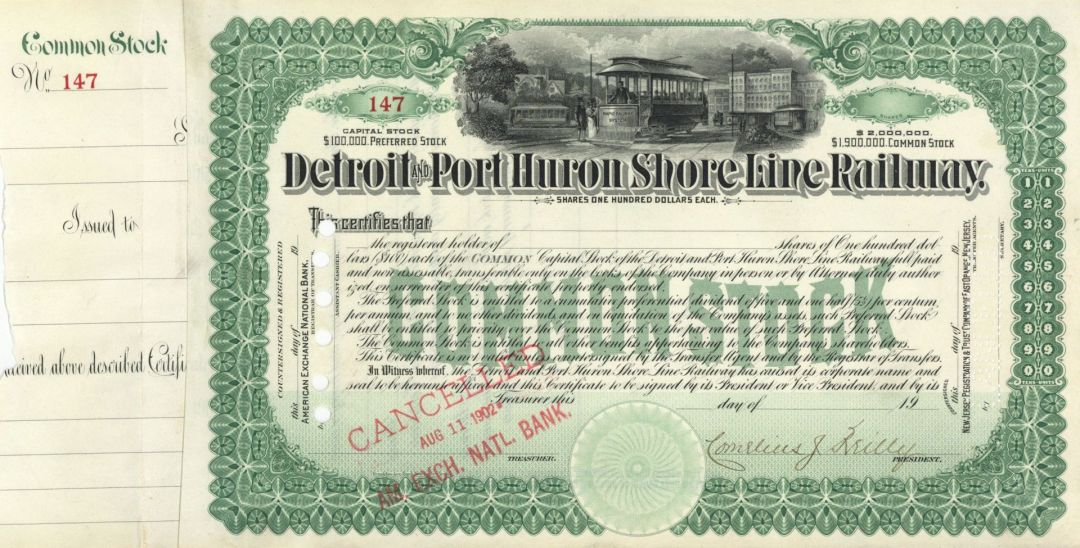 Detroit and Port Huron Shore Line Railway - 1900's dated Unissued Railroad Stock Certificate