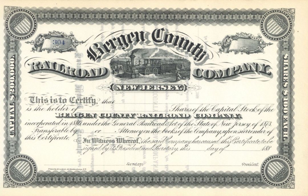 Bergen County Railroad Co. - Unissued Railroad Stock Certificate